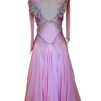 Labana ballroom gown — back view — in mannequin - open back with crystal fringe