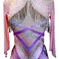 Labana ballroom gown — bodice detail — Criss-cross and chevron patterns of high-density, hand-applied crystals creating a striking, structured design over a sheer nude mesh base.