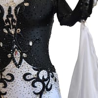 Lauren ballroom gown — stonework close-up — Extreme close-up of the bodice detailing, highlighting the dense black crystals on the velvet and the large clear teardrop crystals outlining the black scroll patterns.