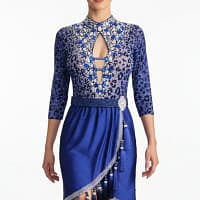 Pala Latin Dress — front view — blue satin skirt with a diagonal wrap panel, a wide, black beaded belt, and a long tassel with crystal accents.