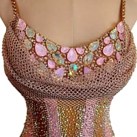 Seraphina Latin dress — bodice detail — draped cowl neckline with clustered pink and opal teardrop stones over nude mesh