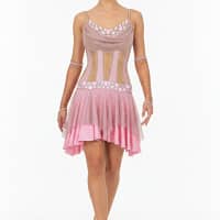 Seraphina Latin dress — front view — blush pink Latin dress with cowl neckline, nude mesh base, and layered crystal embellishments