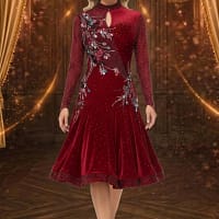 Crimson Elegance Latin dress — front view — long sleeves, pleated velvet skirt, and diagonal red appliqué embellishment.