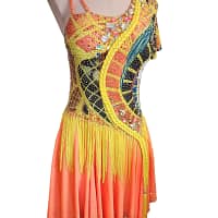Sabrina Latin dress — 3/4 view — orange skirt with yellow fringe movement and jeweled bodice