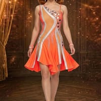 Scarlet Motion Latin dress — front view — orange asymmetrical dress with silver and nude mesh panels and crystal detailing