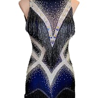 Arlan Latin dress — front view — mannequin — deep navy blue dress with striking white crystal chevrons and black beaded fringe.