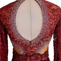 Bora Latin Dress - Back closure detail - oval open back with red lace and AB crystal border.