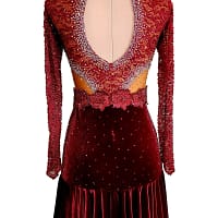 Bora Latin dress back view - open back oval cutout, velvet skirt, and lace bodice.