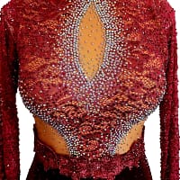 Bora Latin Dress - Bodice detail - High-neck lace with keyhole cutout, heavily stoned with iridescent crystals.