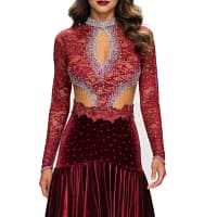 Bora Latin Dress -front view - Burgundy Latin Rhythm dress with high collar. Velvet skirt, red lace bodice with nude mesh and crystal keyhole.
