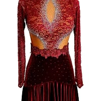 Bora Latin Dress - front view - long sleeve velvet and red lace gown with keyhole cutout.