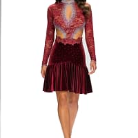 Bora Latin Dance Dress - front view - Long sleeve velvet and red lace gown with keyhole cutout.