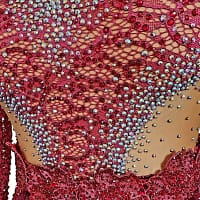 Bora Latin Dress - stonework close up - red lace and velvet dance dress. Rhinestone detailing and nude mesh illusion side cutout.