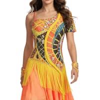 Sabrina Latin dress — front view — asymmetrical neckline with vibrant multicolor beadwork and yellow fringe