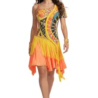 Sabrina Latin dress — front view — asymmetrical neckline with vibrant multicolor beadwork and yellow fringe