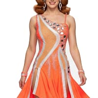 Sola Latin dress — front view — orange asymmetrical dress with silver and nude mesh panels and crystal detailing