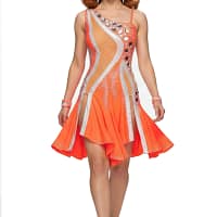 Sola Latin dress — front view — orange asymmetrical dress with silver and nude mesh panels and crystal detailing