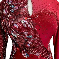 Talia Latin dress — bodice detail — close-up of fishnet mesh, red 3D floral appliqué, and iridescent teardrop crystals.