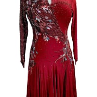 Talia Latin dress - front view - on mannequin - Burgundy velvet base with high collar, keyhole neckline, and asymmetrical crystal pattern.