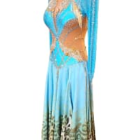 Hadley ballroom gown — 3/4 view — turquoise skirt with gold and crystal detailing