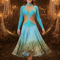 Turquoise Majesty Ballroom Dress - front view - Blue and leopard print skirt. Gold crystal bodice with illusion cutouts.