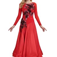 Brielle ballroom gown — front view — red satin gown with 3D floral appliqués and crystal stoning