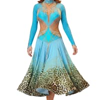 Hadley Ballroom Dress - front view - Blue and leopard print skirt. Gold crystal bodice with illusion cutouts.