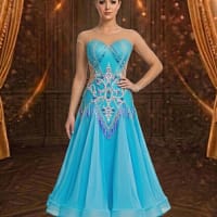 Azure Radiance ballroom gown — front view — bright turquoise Standard dress with nude mesh neckline and long sleeves, featuring an ornate crystal and sequin motif.