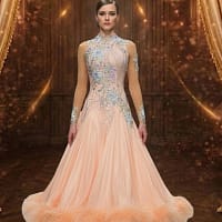 Peach Whisper ballroom gown — front view — A full-length Standard dress in soft peach with intricate floral crystal appliqué on the bodice.