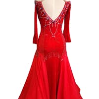 Amira Ballroom dress — back view — V-back with crystal vertical chains and a full skirt with floats.