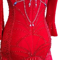 Amira Ballroom dress — back detail — close-up of the crystal chain accents hanging from the back straps onto the nude mesh panel.