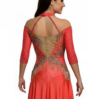 Crush Latin dress — back view — open back with nude chiffon floats and multi-layered orange fringe.