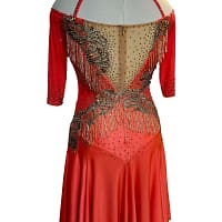 Crush Latin dress — back view on mannequin — open back with nude chiffon floats and multi-layered orange fringe.