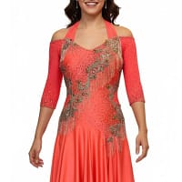 Crush Latin dress - front view - Sizzling orange competition dress with rhinestone swirls and dramatic fringe movement