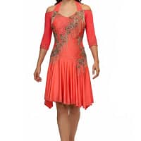 Crush Latin dress - front view whole body - Sizzling orange competition dress with rhinestone swirls and dramatic fringe movement.