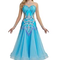 Jackie ballroom gown — front view — bright turquoise Standard dress with nude mesh neckline and long sleeves, featuring an ornate crystal and sequin motif.