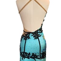 Jayla Latin dress — back view — open back with gold beaded criss-cross straps and black appliqué design.