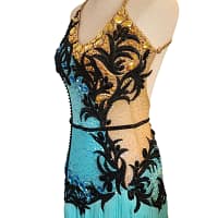 Jayla Latin dress — 3/4 view — halter neckline with gold crystal stoning and nude mesh side panel.