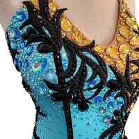 Jayla Latin dress — stonework close-up — aqua and clear AB crystals with black velvet appliqué on the turquoise side.