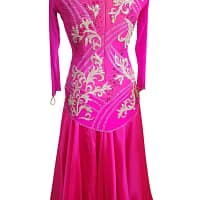 Juno Ballroom gown — back view — full-length hot pink dress with ornate silver embroidery and rhinestones on bodice