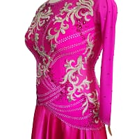 Juno Ballroom gown — 3/4 view — long sleeve magenta dress with mesh inserts and crystal beadwork