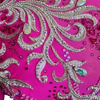 Juno Ballroom gown — Stonework detail — close-up of intricate silver appliqué, large iridescent tear-drop gems, and pink crystal scatter