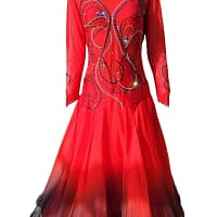 Kalaida ballroom gown — front view — red bodice with crystal swirls and ombré red-to-black skirt