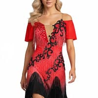 Nyla Latin Dress -front view - Vibrant red Latin dance dress with bold black scrollwork appliqué. Features beaded fringe and rhinestone V-neck.