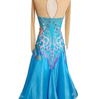 Jackie ballroom gown — back view — blue dress with a keyhole back opening and elaborate white, purple, and iridescent crystal stoning on the fitted bodice.