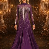 Royal Amethyst Ballroom Dress - front view — long V-neck mesh with vertical crystal bodice, long skirt panels.