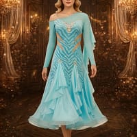 Azure Flow Latin dress — front view — one-shoulder, sky blue Latin dress with an animal print design and a full ruffled skirt.