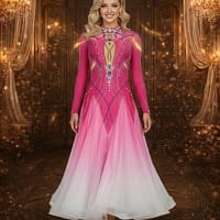 Berry Surge Ballroom Dress — front view — long-sleeved pink gown with ombre skirt fading to white and heavy rhinestone detail.