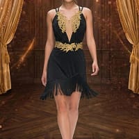 Obsidian Pulse Latin dress — front view — black satin with crystal embellishment