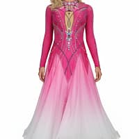 Berry Ombre Ballroom Dress — front view — long-sleeved pink gown with ombre skirt fading to white and heavy rhinestone detail.